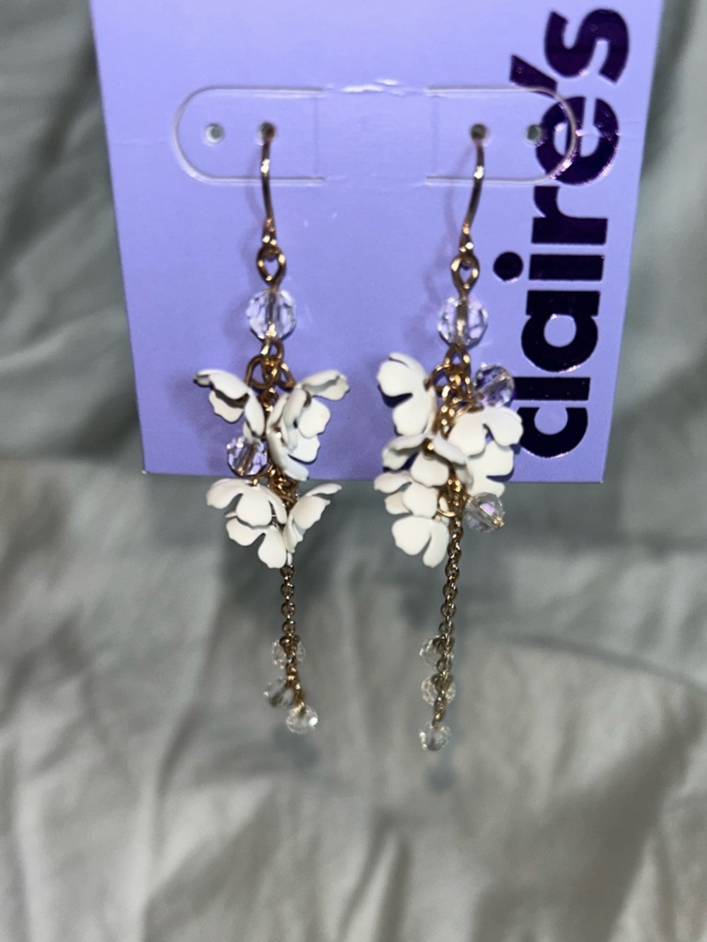 Claire's White Flower Drop Earrings with Gold Accents